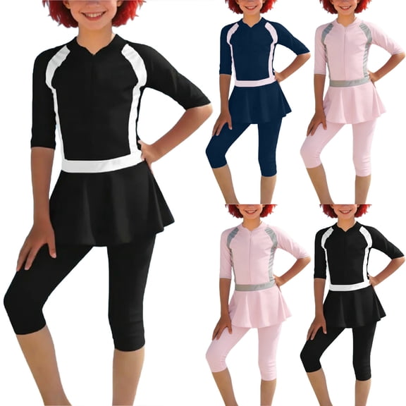 Mifsaly 3 Piece Swimming Suit for Girls Color Block Zip Up One Piece Swimsuit Swim Skirt Cap Beach Vacation Kids Bathing Suits Tween Summer Swimwear 2-13 Years