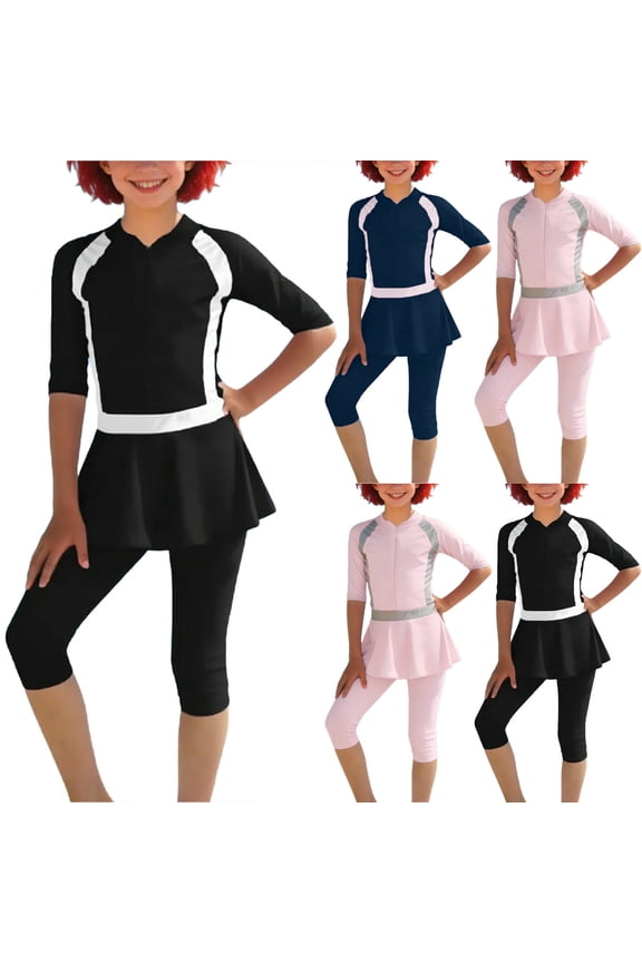 3 Piece Swimming Suit for Girls Color Block Zip Up One Piece Swimsuit Swim Skirt Cap Beach Vacation Kids Bathing Suits Tween Summer Swimwear 2-13 Years