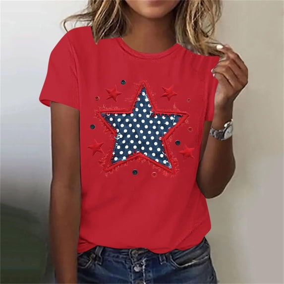 Mifsaly 4Th Of July Shirts Women Crewneck Short Sleeve Tops Summer Casual Patriotic Star Graphic Cotton T Shirts Vintage Style Breathable Independence Day Tees M