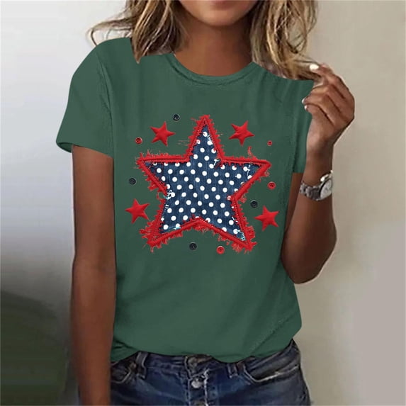 Mifsaly 4Th Of July Shirts Women Crewneck Short Sleeve Tops Summer Casual Patriotic Star Graphic Cotton T Shirts Vintage Style Breathable Independence Day Tees XXL