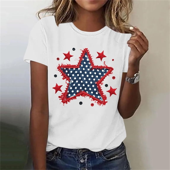 Mifsaly 4Th Of July Shirts Women Crewneck Short Sleeve Tops Summer Casual Patriotic Star Graphic Cotton T Shirts Vintage Style Breathable Independence Day Tees M