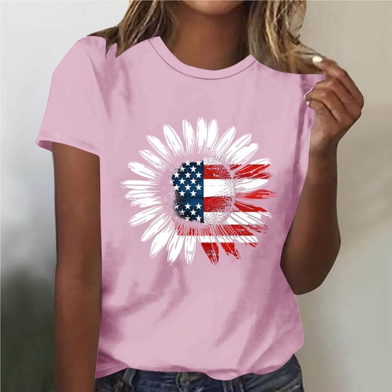 Mifsaly 4Th Of July T-Shirt Women Casual Sunfloral American Flag Graphic Tee Daily Outing Crewneck Short Sleeve Summer Top Lightweight Breathable Loose Fit Patriotic Shirt M