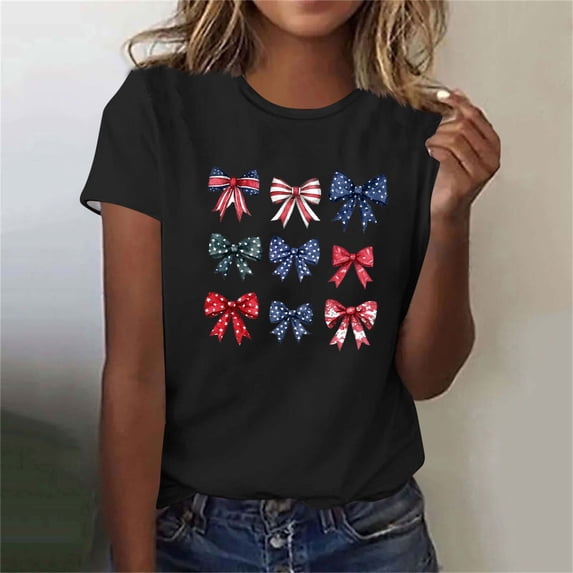 Mifsaly 4Th of July Cotton T-Shirts Women Red White and Blue Bows Graphic Patriotic Tees Crewneck Short Sleeve Independence Day Summer Top XL