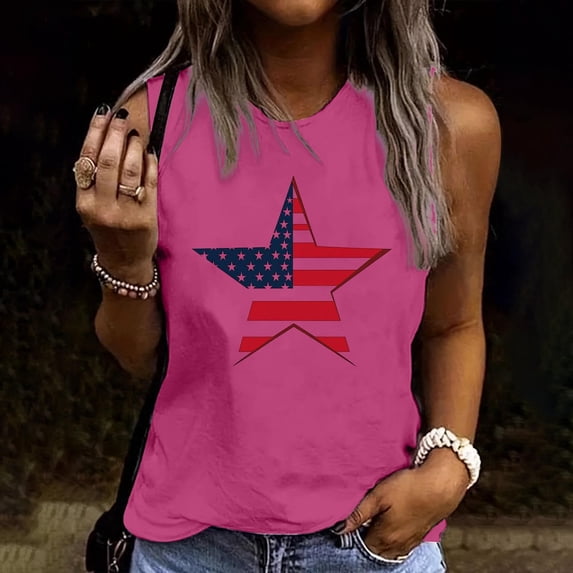 Mifsaly American Flag Tank Tops for Women Summer Casual Patriotic Star Graphic Print Tees Independence Day Crewneck Sleeveless Top XL