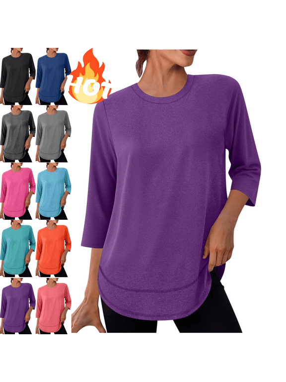 Athletic Tops for Women Curved Hem 3/4 Sleeve Workout T-Shirt Lightweight Soft Stretchy Running Yoga Tunic Top 2026 Purple,L