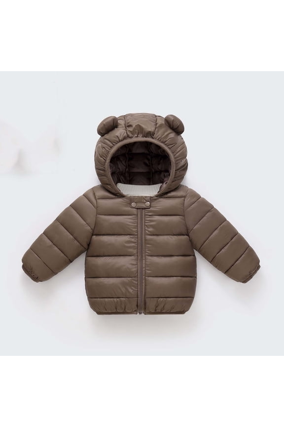 Baby Puffer Jacket Hooded Bear Ear Winter Coat Toddler Full Zip Quilted Long Sleeve Warm Outerwear for Infant Toddler Boys Girls Fall Cold Weather Brown,3-4Years