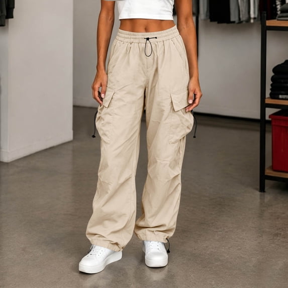 Mifsaly Baggy Cargo Pants Women Wide Leg Parachute Pants Adjustable Drawstring Hem Loose Casual Workout Athletic Bottoms with Multi Pockets Beige,XL