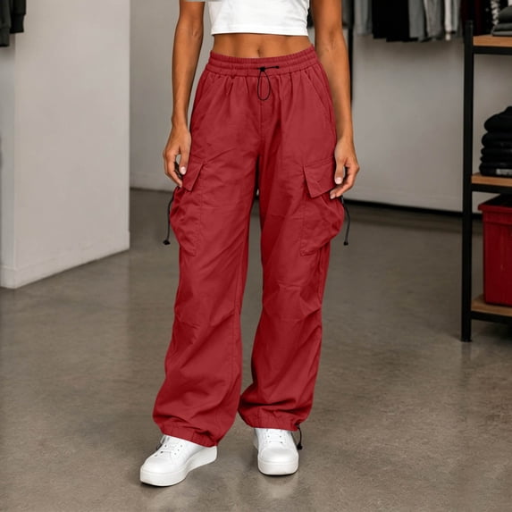 Mifsaly Baggy Cargo Pants Women Wide Leg Parachute Pants Adjustable Drawstring Hem Loose Casual Workout Athletic Bottoms with Multi Pockets Red,XS