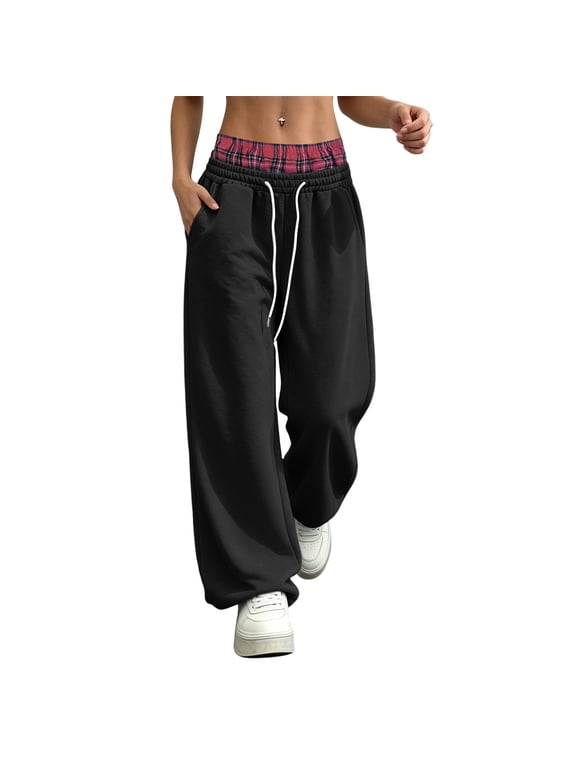 Baggy Sweatpants for Women Double Waistband Plaid Layered Wide Leg Joggers High Waist Drawstring Fleece Lined Lounge Pants with Pockets Black,M