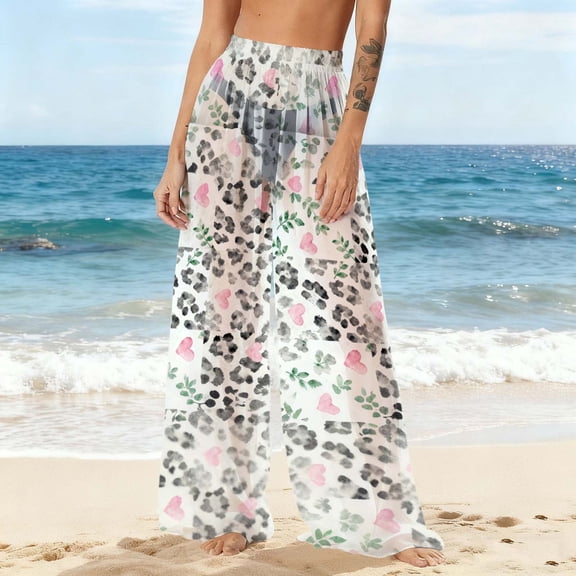 Mifsaly Bathing Suit Cover Up Pants Women Sheer Mesh Boho Beach Pant Flowy Spring Summer Vacation Trousers Swimsuit Bikini Bottoms M