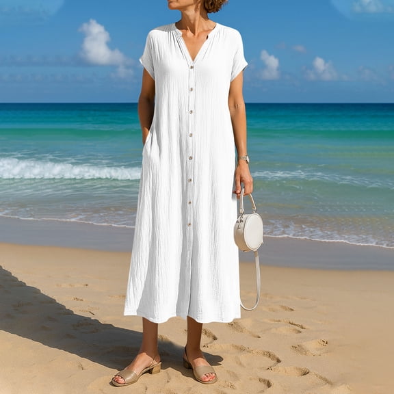 Mifsaly Beach Dresses for Women 2026 Vacation Linen Dress Womens V-Neck Short Sleeve Button Down Lightweight Summer Outfits with Pockets L