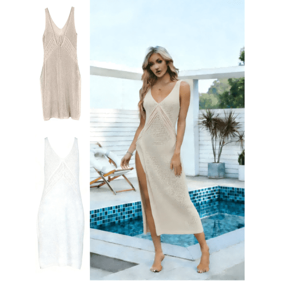 Mifsaly Beach Dresses for Women Hollow Out Cover-up Crochet Sundress Sleeveless V-Neck Side Slit Bathing Suit Midi Dress 2026 XL