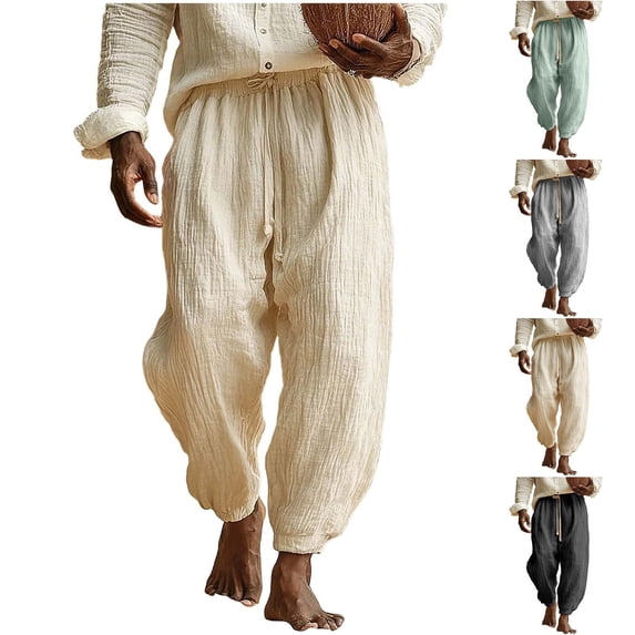 Mifsaly Beach Pants for Men Lightweight Linen Harem Pants Loose Flowy Casual Summer Vacation Boho Joggers with Pockets Beige,S