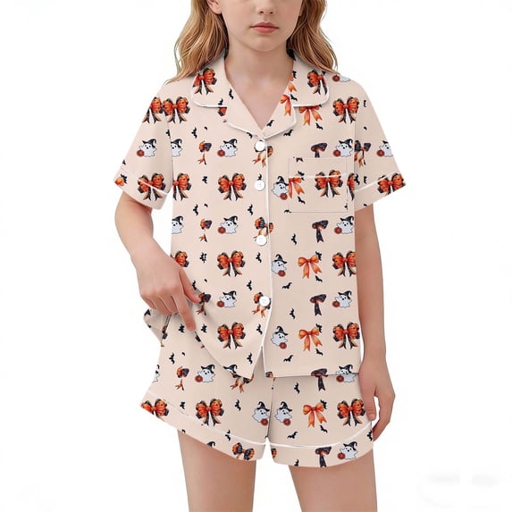 Mifsaly Big Girls 2 Piece Pajama Sets Halloween Pumpkin Graphic Short Sleeve Button Down Shirts and Shorts Kids Soft Comfortable Sleepwear Holiday Outfits