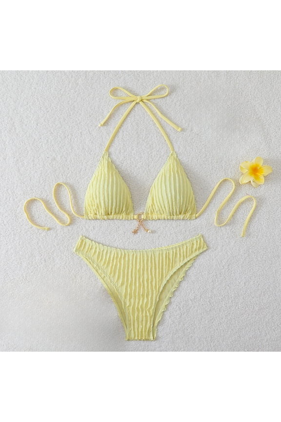 Bikini Sets for Women Halter Neck Push up Bikini Set Ribbed Textured Bathing Suit Beach Pool Honeymoon Swimwear L