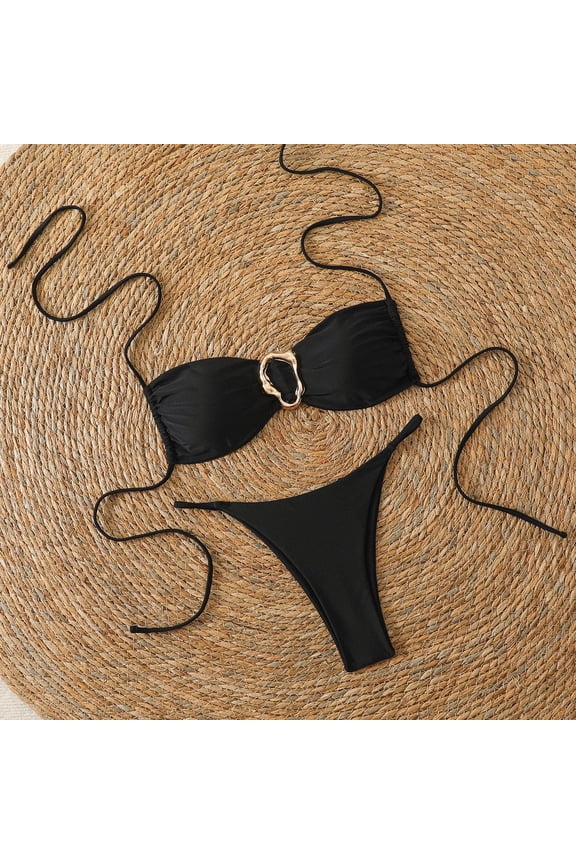Bikinis Sets for Women Strappy Bandeau Top Bikini Set Irregular Gold Metal Ring Detail Summer Beach Pool Bathing Suit Flattering Thong Bottom Swimwear S