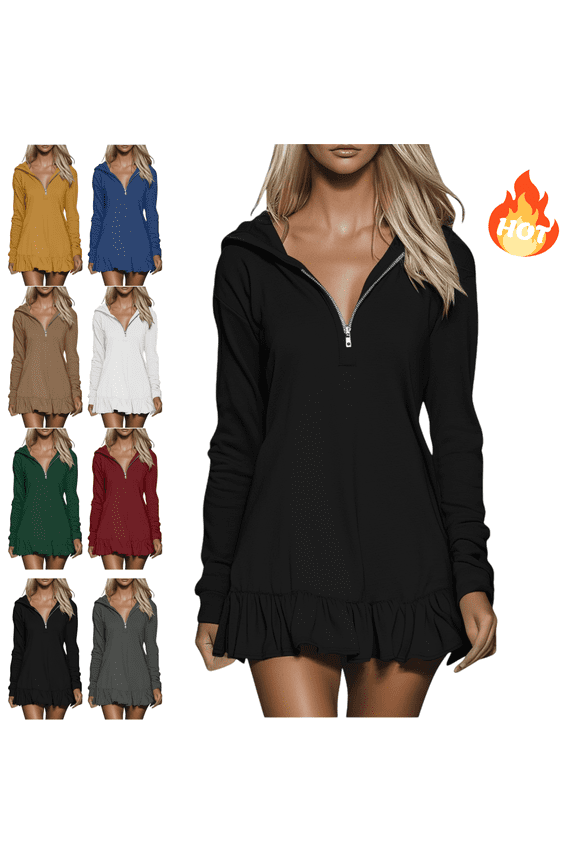 Black Long Sleeve Mini Dress Women Zipper Hooded Cotton Shift Dresses Ruffle Hem Loose Casual Everyday Sundresses L