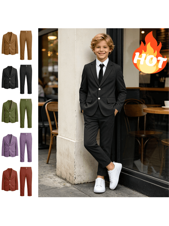 Boys 2 Piece Suit Sets Long Sleeve Blazer Jacket and Cuffed Dress Pants Kids formal Outfit for Wedding Performance Photoshoot Back to School