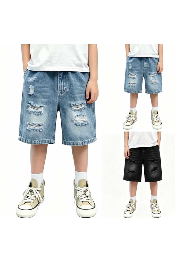 Boys Denim Shorts Kids Teen Distressed Ripped Jeans Shorts Vintage Frayed Breathable Summer Bottoms with Pockets
