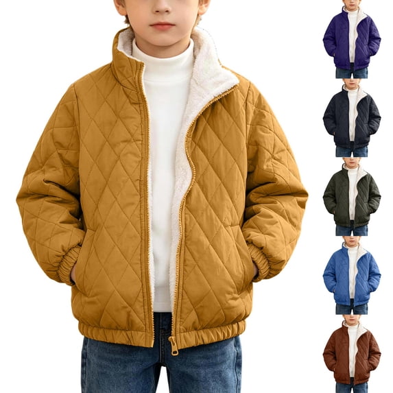 Mifsaly Boys Diamond Quilted Jackets Kids Fleece Lined Zip Up Winter Coat Stand Collar Winter Warm Outdoor Play Back to School Travel Clothing
