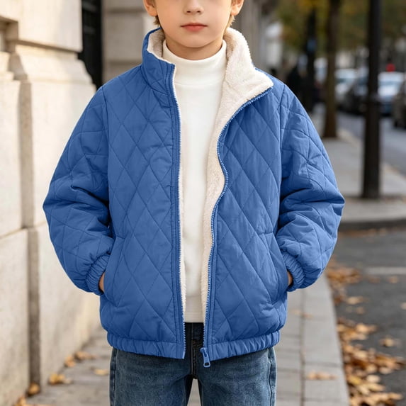 Mifsaly Boys Diamond Quilted Jackets Kids Fleece Lined Zip Up Winter Coat Stand Collar Winter Warm Outdoor Play Back to School Travel Clothing