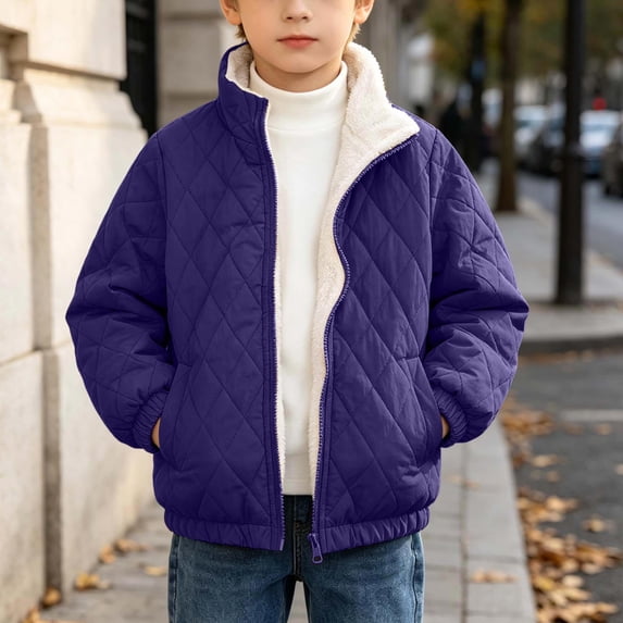 Mifsaly Boys Diamond Quilted Jackets Kids Fleece Lined Zip Up Winter Coat Stand Collar Winter Warm Outdoor Play Back to School Travel Clothing