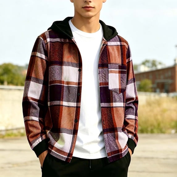 Mifsaly Boys Flannel Shirts Plaid Long Sleeve Hooded Jacket with Chest Pocket Kids School Play Casual Fall Winter Coat Outerwear