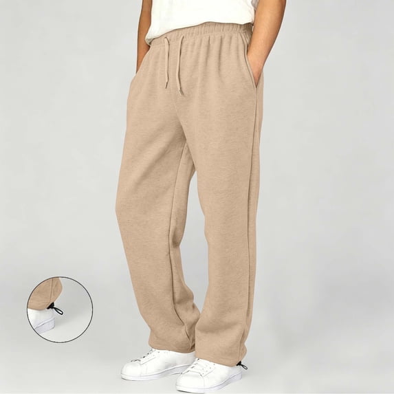 Mifsaly Boys Fleece Lined Sweatpants Open Bottom Straight Leg Lounge Pants Kids Elastic Drawstring Waist Running Everyday Fall Winter Bottoms with Pockets Khaki,5-6 Years
