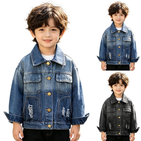 Mifsaly Boys Girls Denim Jacket Unisex Kids Long Sleeve Button Down Distressed Ripped Jean Coats with Chest Pockets for Fall Winter School Daily Play