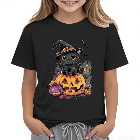 Mifsaly Boys Girls Halloween T-Shirts Cute Cat Pumpkin Graphic Short Sleeve Cotton Tops Kids Halloween Festival Casual Fall Holiday Outfits Black,M