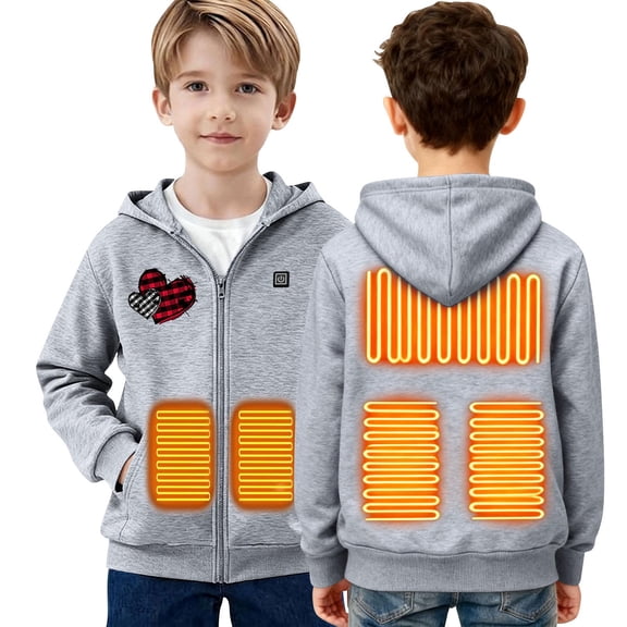 Mifsaly Boys Girls Heated Hoodie 5 Heating Zones Kids Heat Hooded Sweatshirt Valentine Heart Print Thermal Outerwear Teen Warm Sweatshirts with Pockets