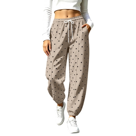 Mifsaly Jogger Pants for Women Polka Dot Elastic Drawstring Waist Baggy Casual Sweatpants with Pockets Khaki,S