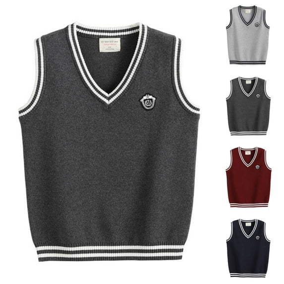 Mifsaly Boys Girls Knit Sweater Vest Kids V-Neck Sleeveless Pullover Uniform Striped Trim Preppy School Outfits