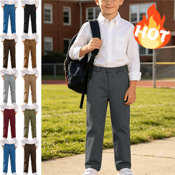 Mifsaly Boys Girls School Uniform Pants Solid Color Elastic Waist Kids Casual Long Trousers with Pockets Dark Gray,9 Years