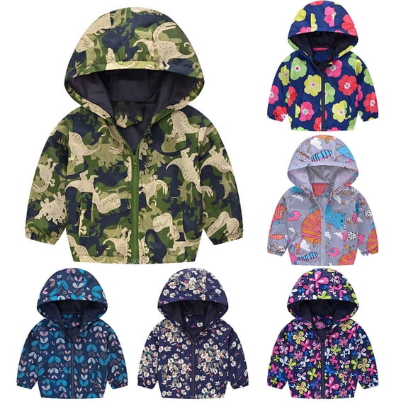 Mifsaly Boys Girls Windbreaker Jacket Kids Dinosaur Graphic Print Lightweight Windproof Hooded Full Zip Raincoat