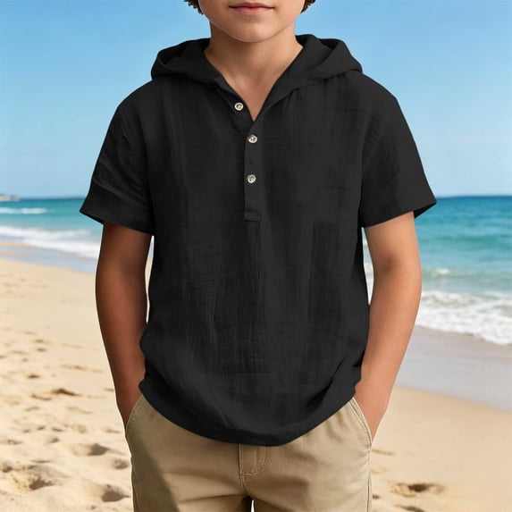 Mifsaly Boys Linen Cotton Henley Hoodie Shirts Toddler Kids Lightweight Short Sleeve Summer Casual Pullover Tops