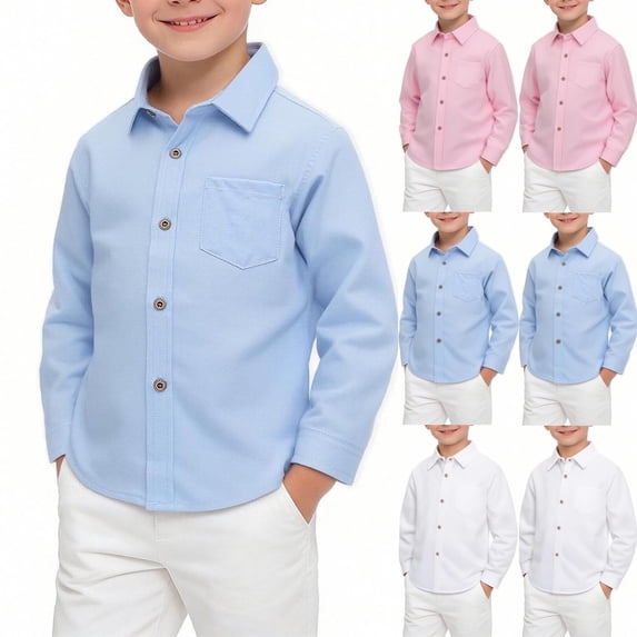 Mifsaly Boys Long Sleeve Button Down Shirts Solid Color Classic Fit Kids Back Toschool Uniform Shirt Breathable Dressy Casual Cotton formal Blouse Blue,13 Years