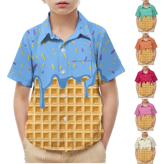 Mifsaly Boys Waffle Graphic Print Shirt Kids Cute Short Sleeve Button Down Uniform Shirts Breathable Casual Summer Collared Tops