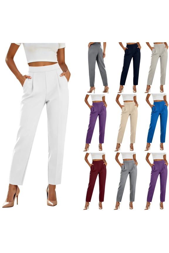 Business Pants for Women Tapered High Waisted Pleated Work Slacks Slim Fit Elegant Ankle Length Office Work Trousers with Pockets White,XL