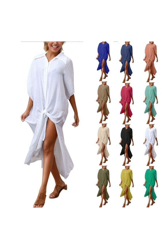 Button Down Shirt Dresses Women Collared Short Sleeve Midi Kaftan Dress Lightweight Beach Vacation Boho Linen Sundresses Free Size