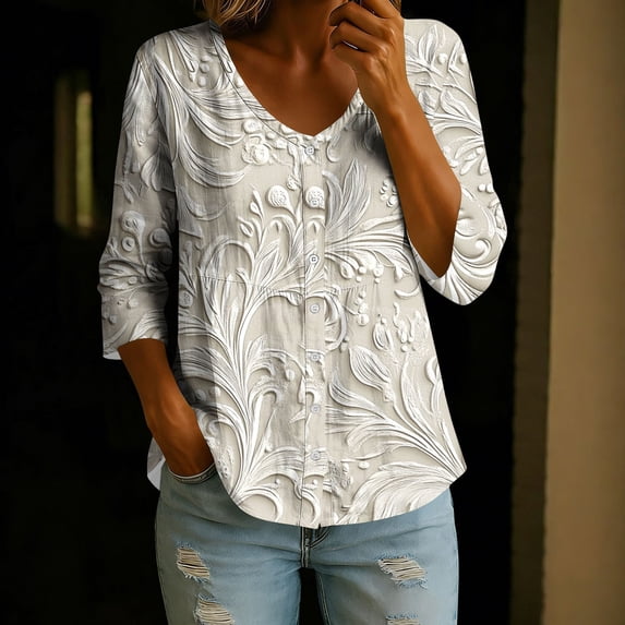 Mifsaly Button Down Shirts for Women Floral Print V Neck 3/4 Sleeve Linen Tops Empire Waist Lightweight Boho Summer Top Beach Vacation Daily Wear Outfits M