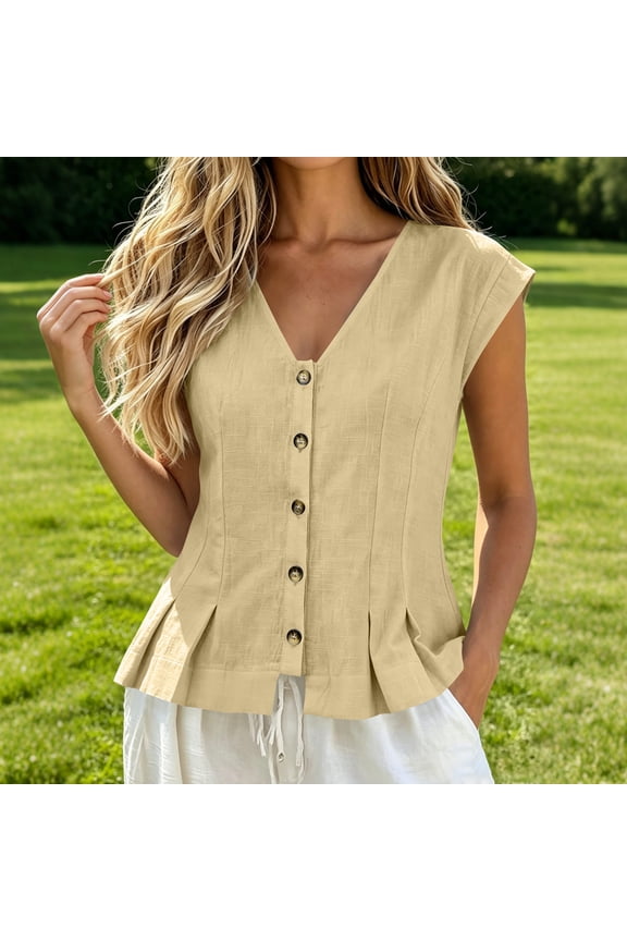 Cap Sleeve Tops for Women V Neck Button Down Blouses Pleated Peplum Hem Textured Tunic Shirts Casual Flattering Slim Fit Holiday Summer Clothes Khaki,S
