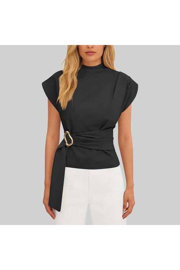 Cap Sleeve Tops for Women Mock Neck Dressy Casual Blouses Belted Waist Wrap Elegant Office Work Top Fashion Summer Workwear S