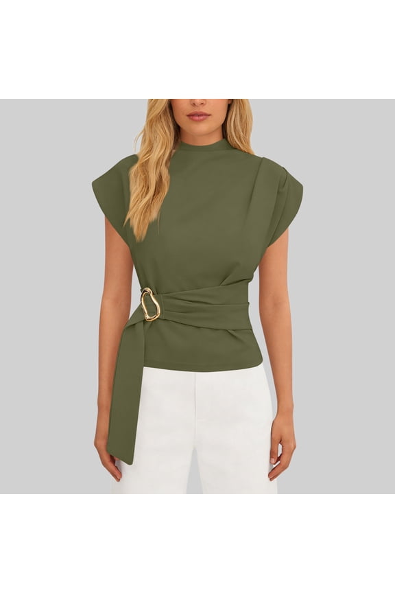 Cap Sleeve Tops for Women Mock Neck Dressy Casual Blouses Belted Waist Wrap Elegant Office Work Top Fashion Summer Workwear XXL