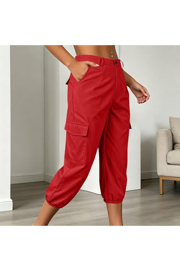 Capri Cargo Pants for Women Elastic Cuff High Waisted Hiking Cropped Joggers with Pockets Comfortable Lightweight Outdoor Summer Casual Clothes Red,L