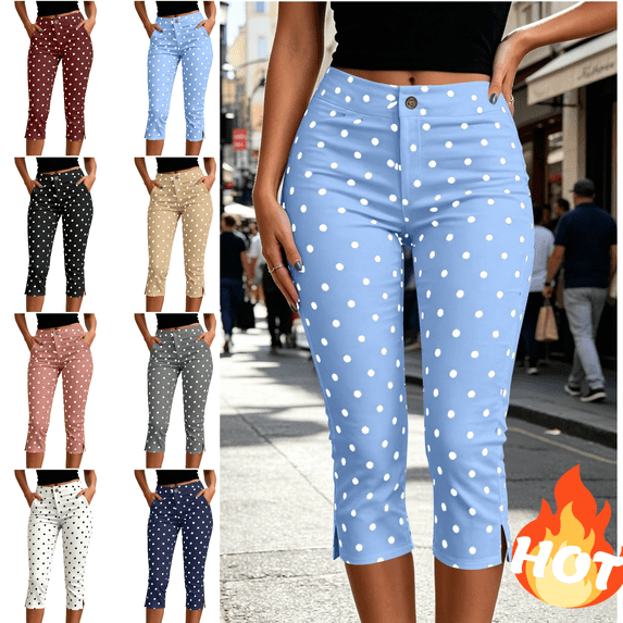 Mifsaly Capri Leggings with Pockets for Women Polka Dot Print Stretch Slim Fit Cropped Trousers Button Closure Flattering Everyday Casual Bottoms Light Blue,L