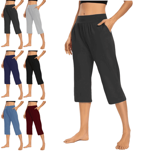 Mifsaly Capri Pants for Women Elastic Wasit Straight Leg Yoga Pant Breathable Cozy Running Stretchy Leggings Gym Summer Dressy Casual Trousers with Pockets XXXL