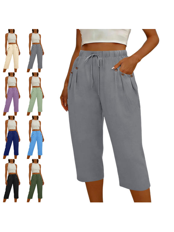 Capri Pants for Women with Pockets Elastic Drawstring Waist Summer Capris Lightweight Relaxed Fit Travel Vacation Casual Culottes with Button Detail Pockets Gray,L