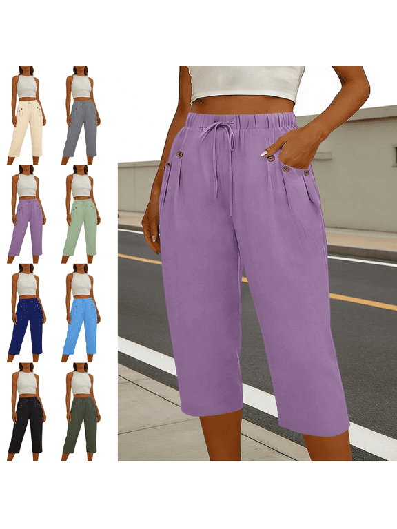 Capri Pants for Women with Pockets Elastic Drawstring Waist Summer Capris Lightweight Relaxed Fit Travel Vacation Casual Culottes with Button Detail Pockets Purple,XXL