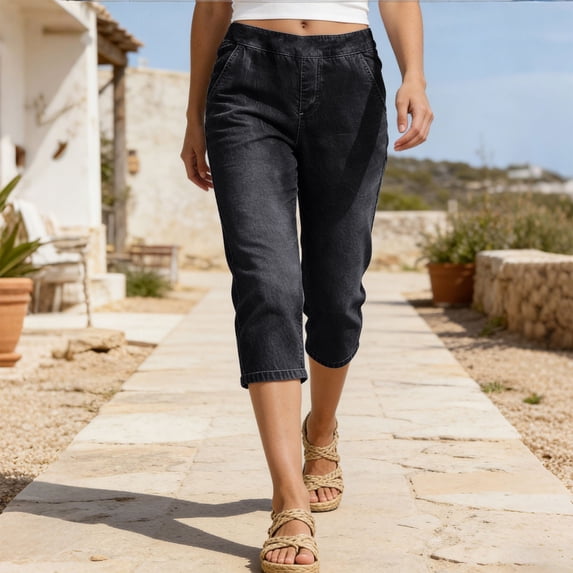 Mifsaly Capri Pants for Women High Rise Straight Leg Denim Capris Elastic Waist Lightweight Casual Summer Cropped Trousers with Pockets XXXL